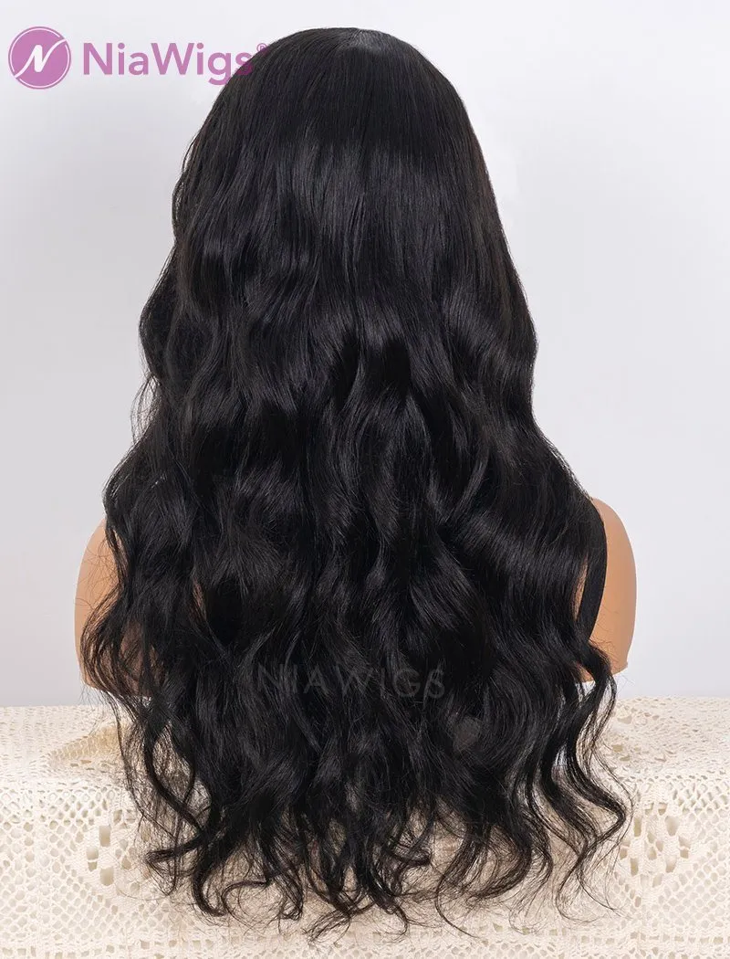 Scalp Top Wig Natural Wavy With Bangs Human Hair Wigs Machine Made