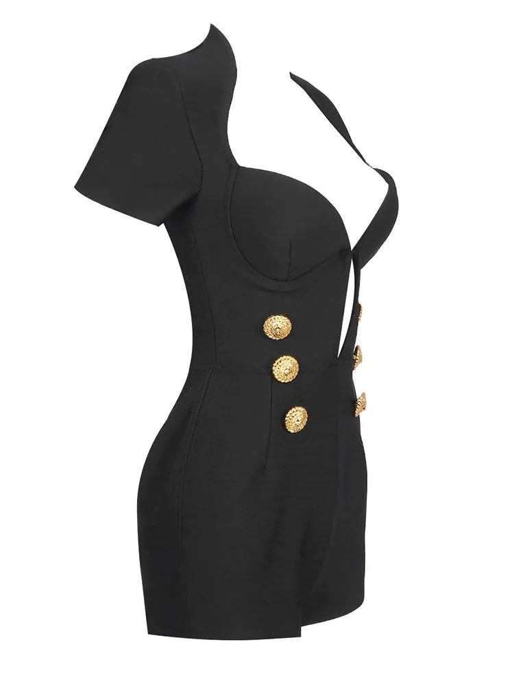 Short Sleeve Gold Button Black Jumpsuit