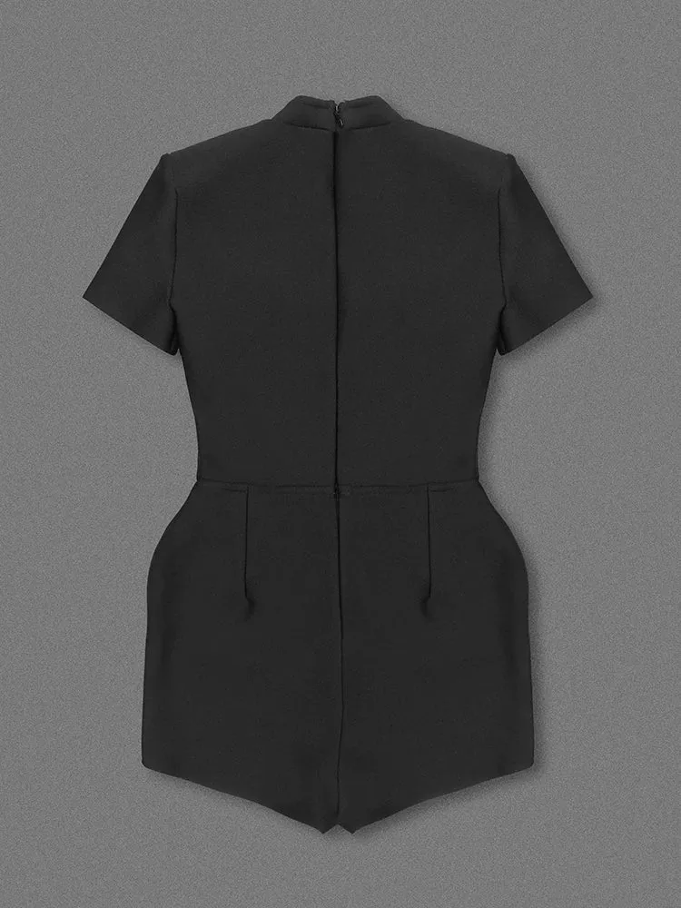 Short Sleeve Gold Button Black Jumpsuit