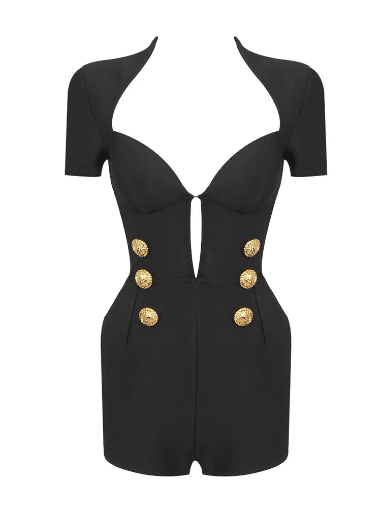 Short Sleeve Gold Button Black Jumpsuit