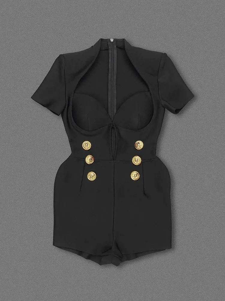 Short Sleeve Gold Button Black Jumpsuit