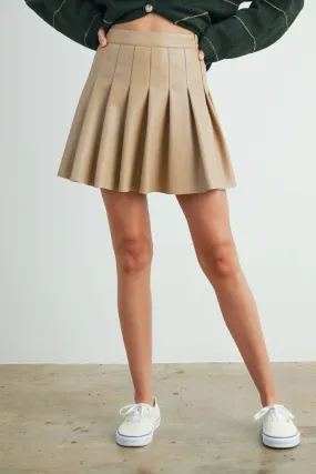 Solid Pleated Leather Mini Skirt