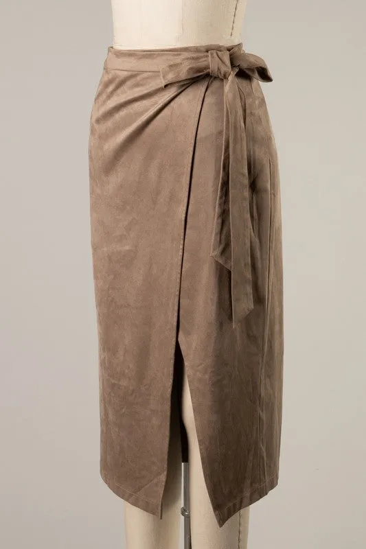 Suede wrap midi skirt
