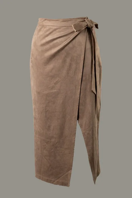 Suede wrap midi skirt