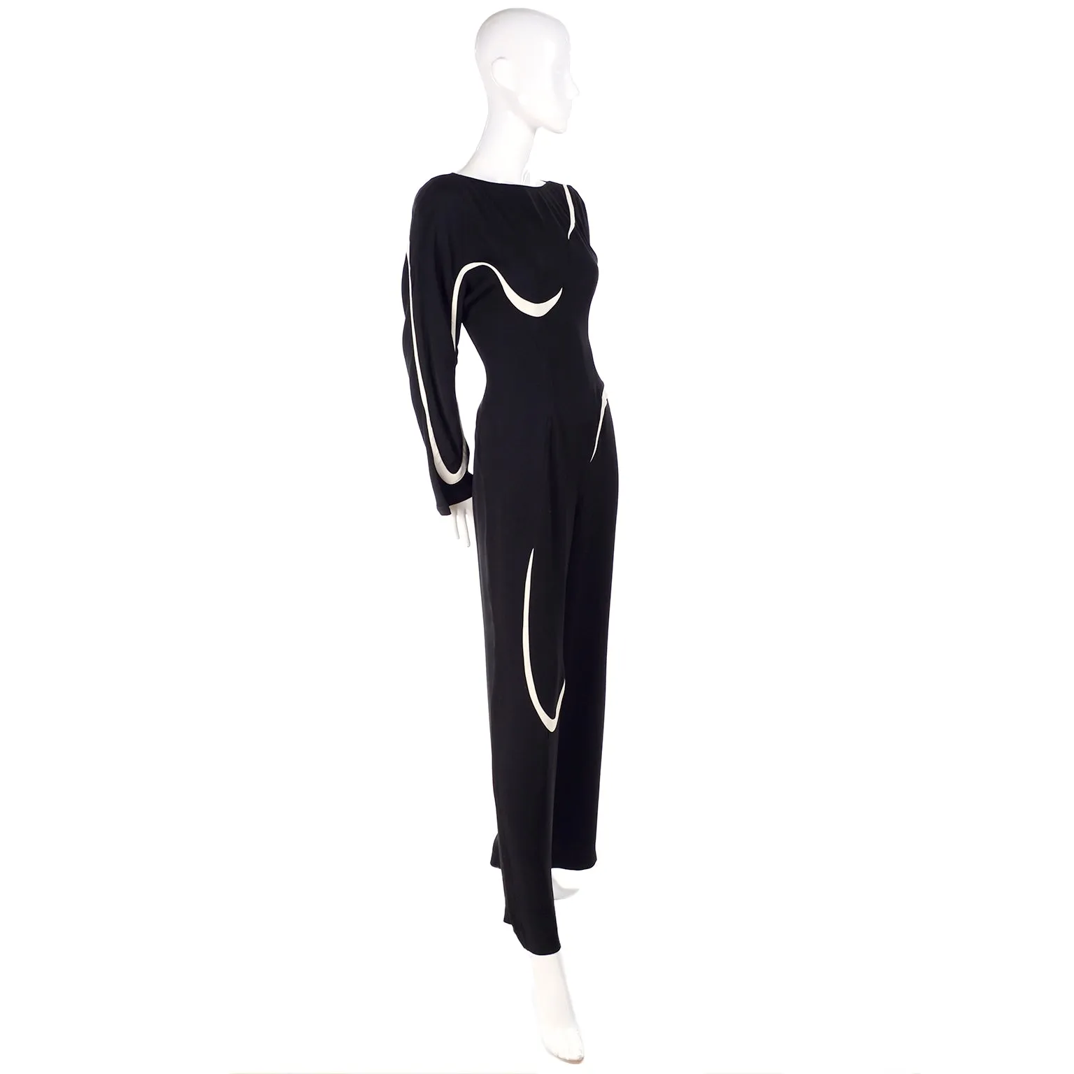 Thierry Mugler Black Jumpsuit w/ White Abstract Swirls Size 6