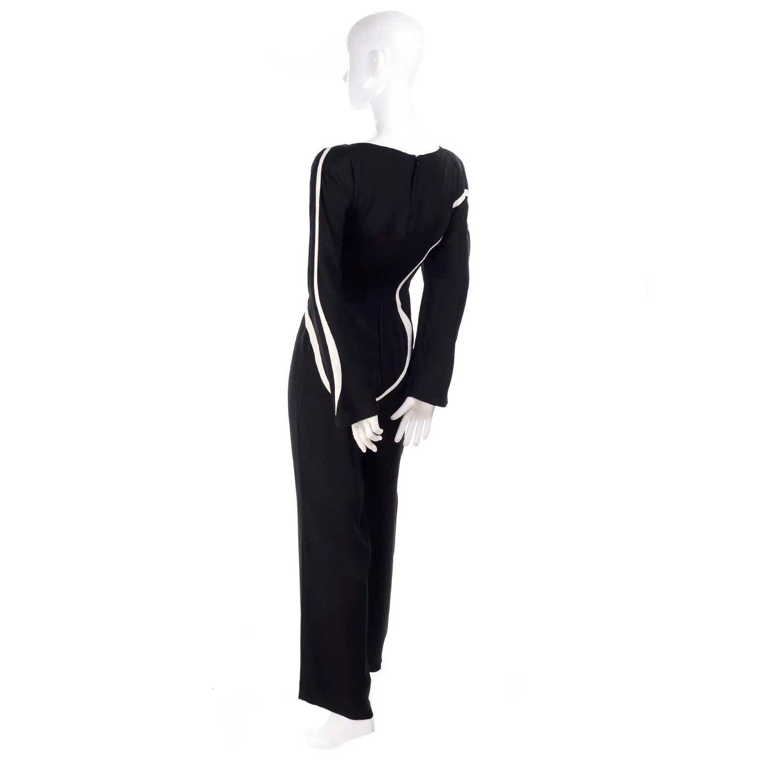 Thierry Mugler Black Jumpsuit w/ White Abstract Swirls Size 6