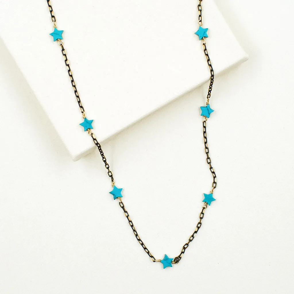 Turquoise Stars on Black & Gold Chain Necklace
