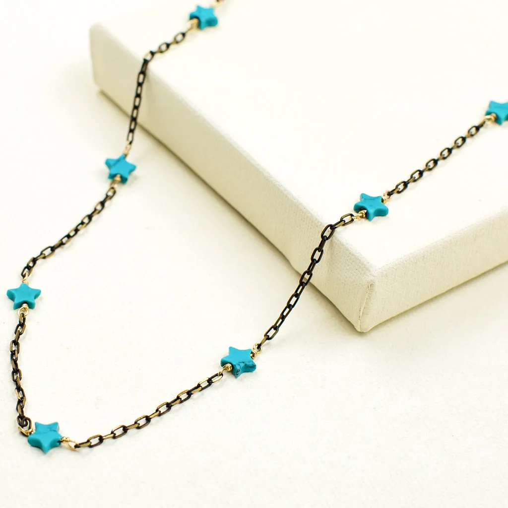 Turquoise Stars on Black & Gold Chain Necklace