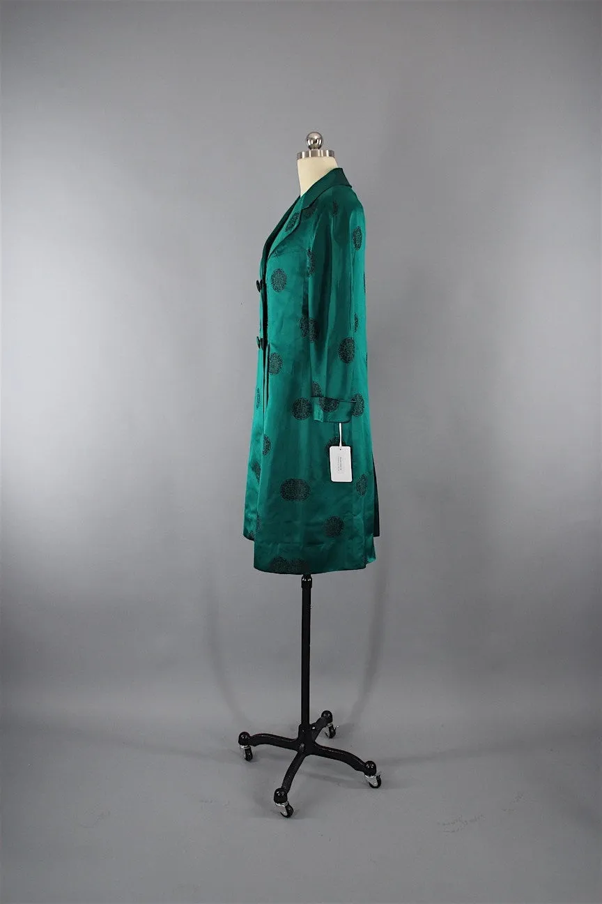 Vintage 1960s Emerald Green Chinoiserie Satin Coat