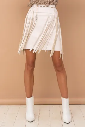 White Sand Faux Leather Fringe Skirt