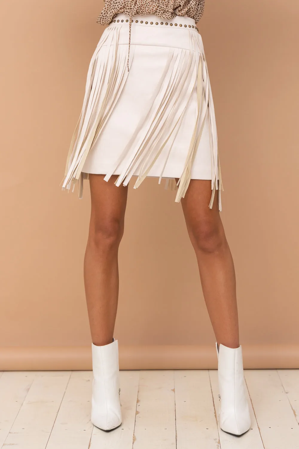 White Sand Faux Leather Fringe Skirt