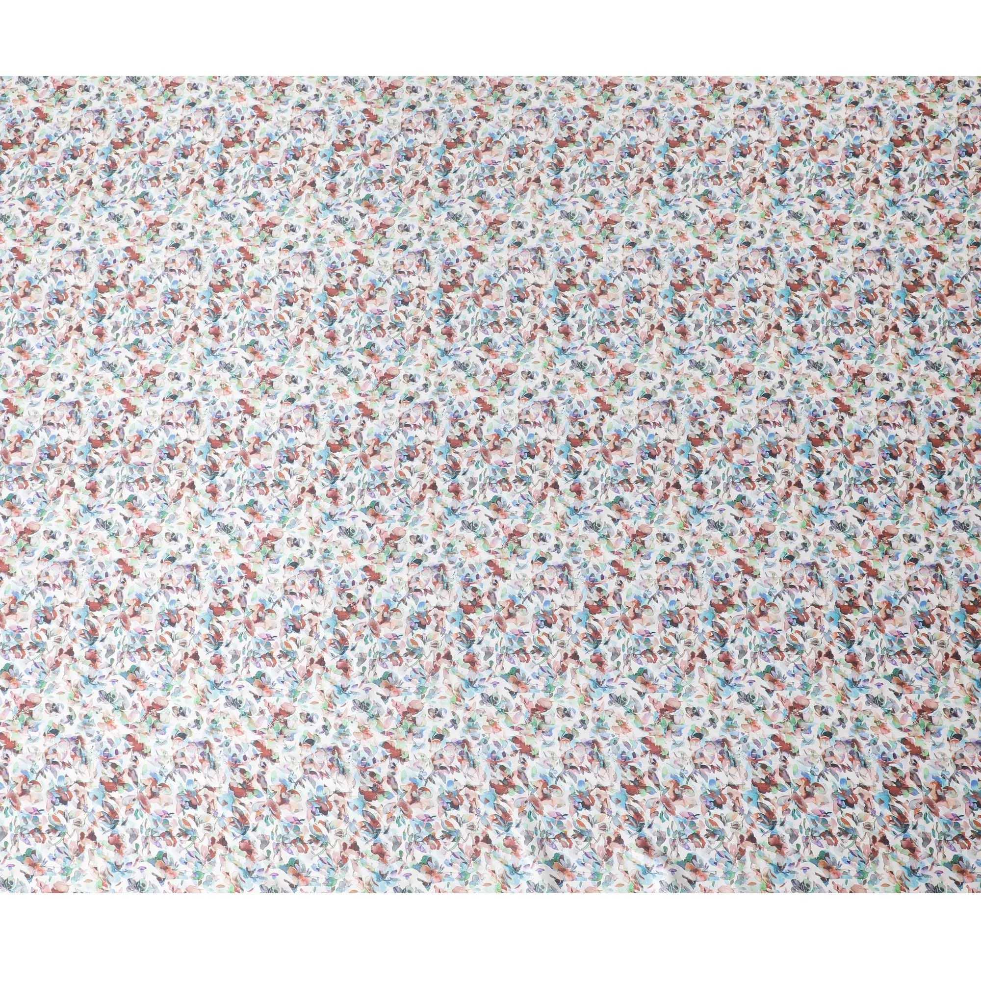 White synthetic satin fabric with multicolor print in floral design-D17046