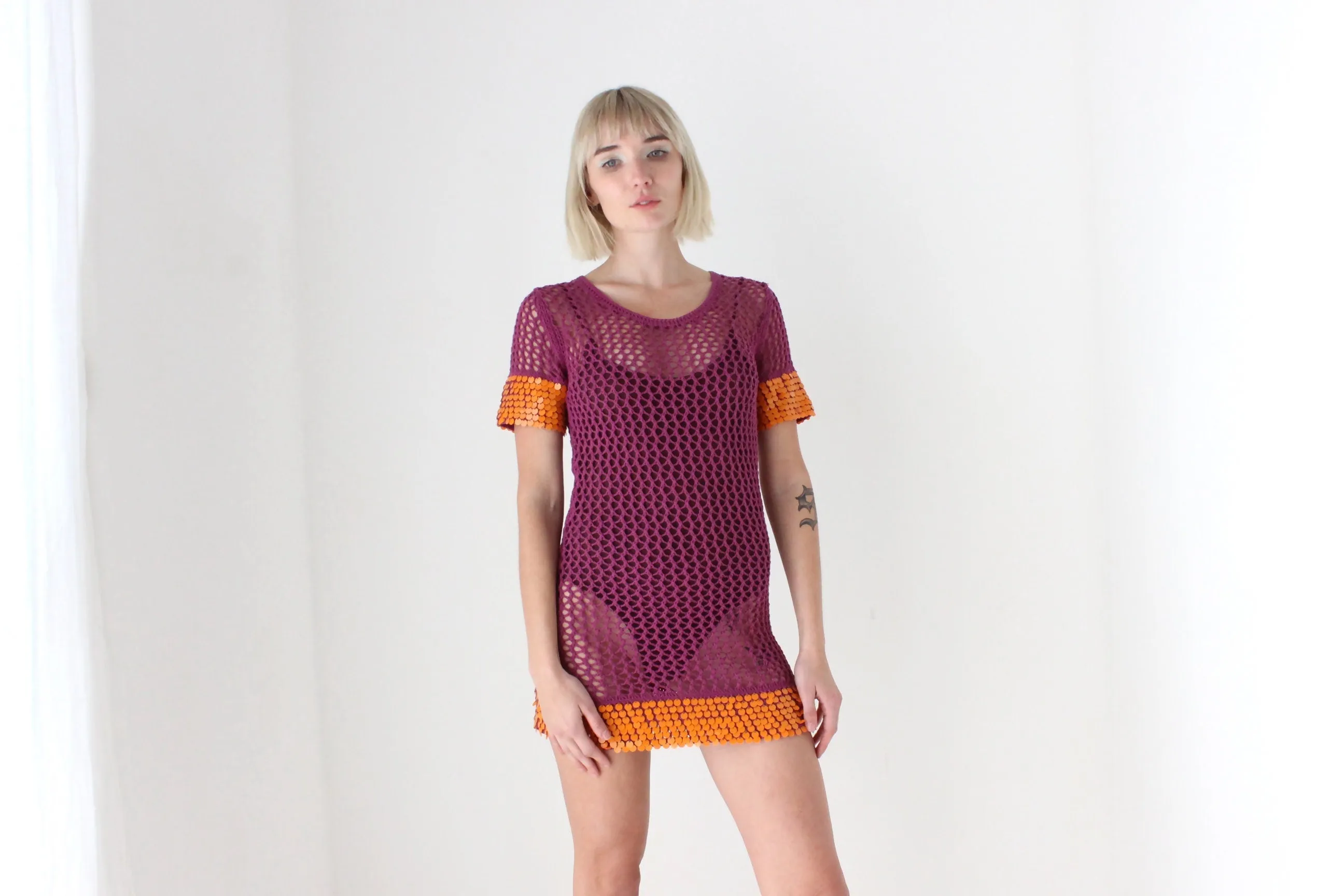 Y2K Sass & Bide Crochet Knit Mini Dress w/ Sequin Trim