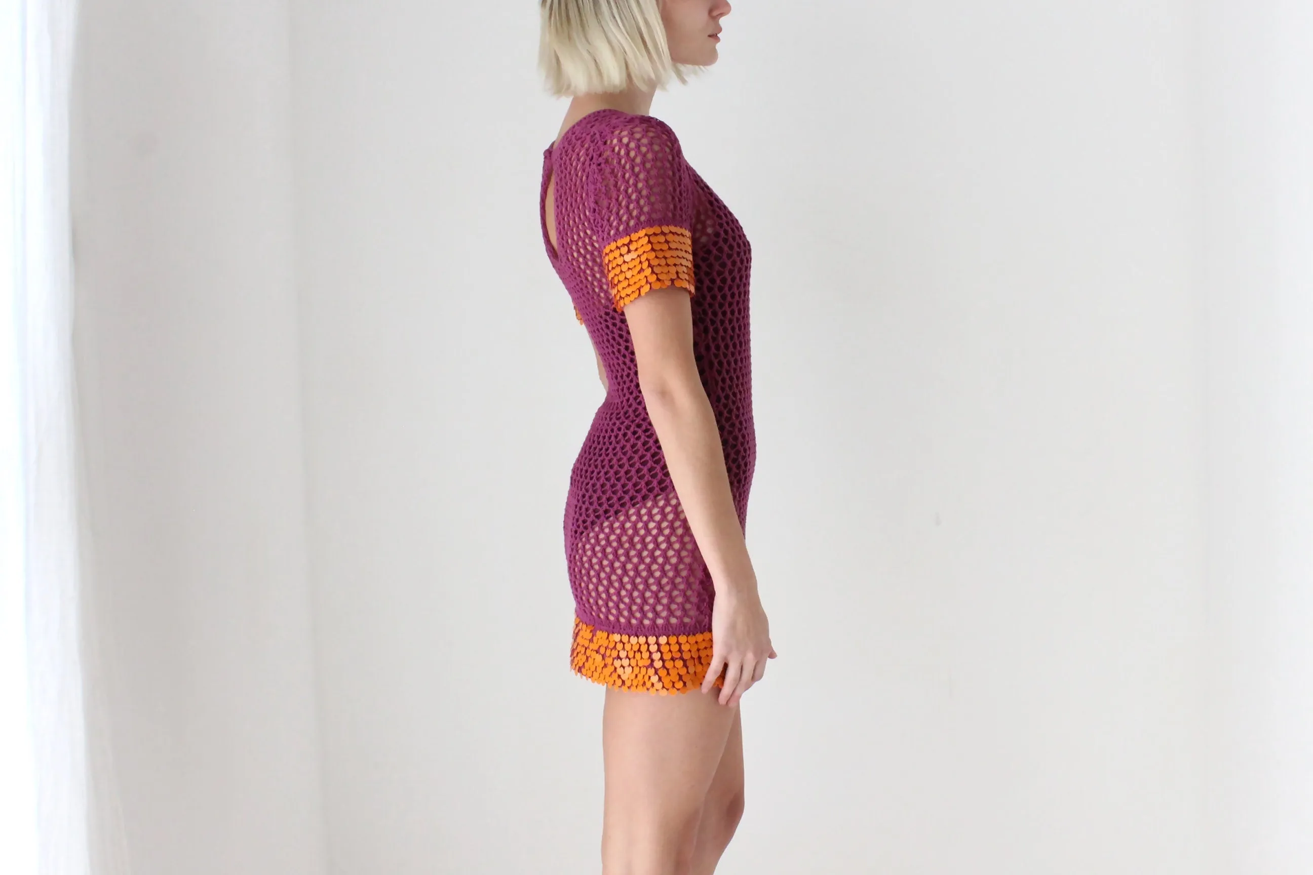 Y2K Sass & Bide Crochet Knit Mini Dress w/ Sequin Trim