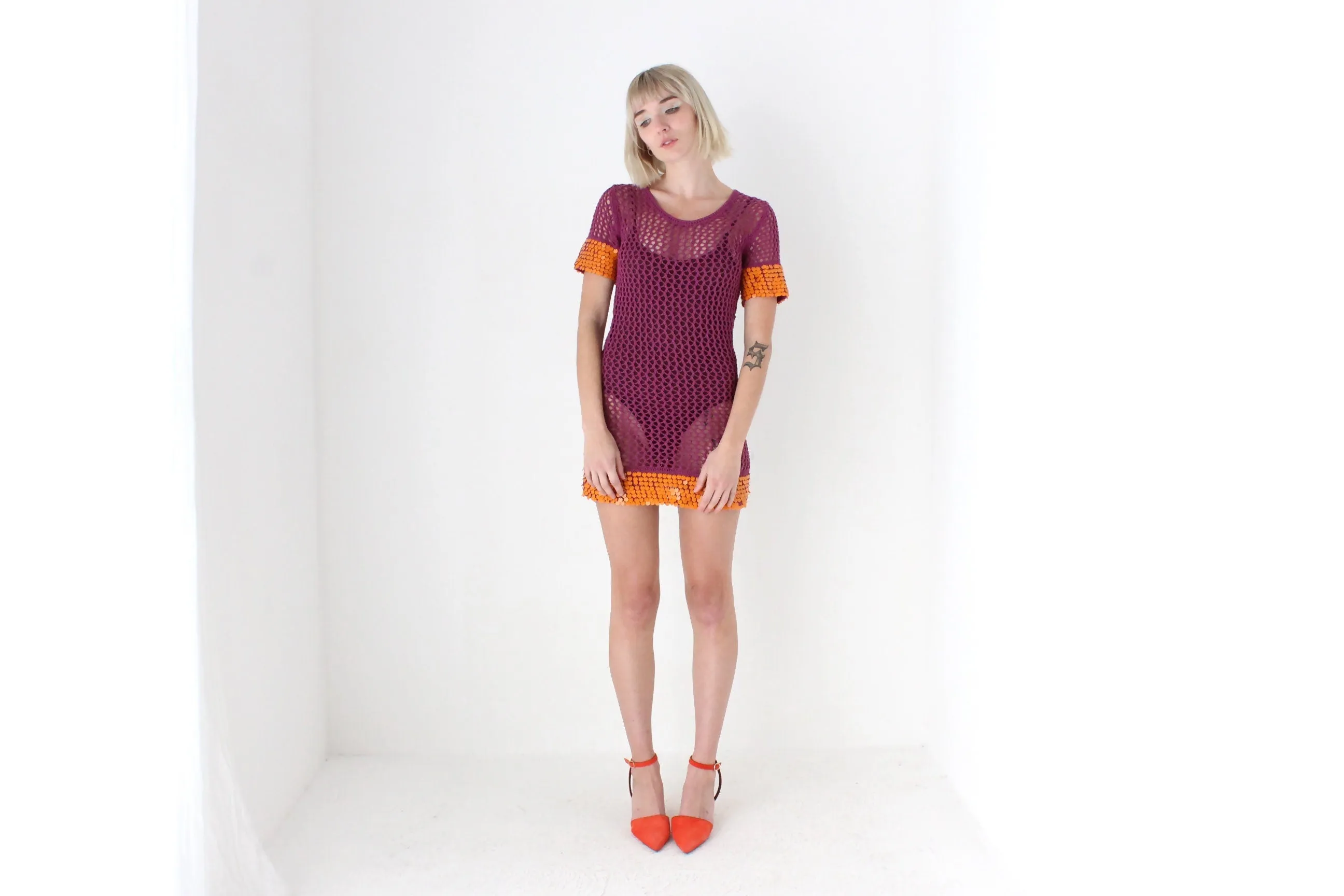 Y2K Sass & Bide Crochet Knit Mini Dress w/ Sequin Trim