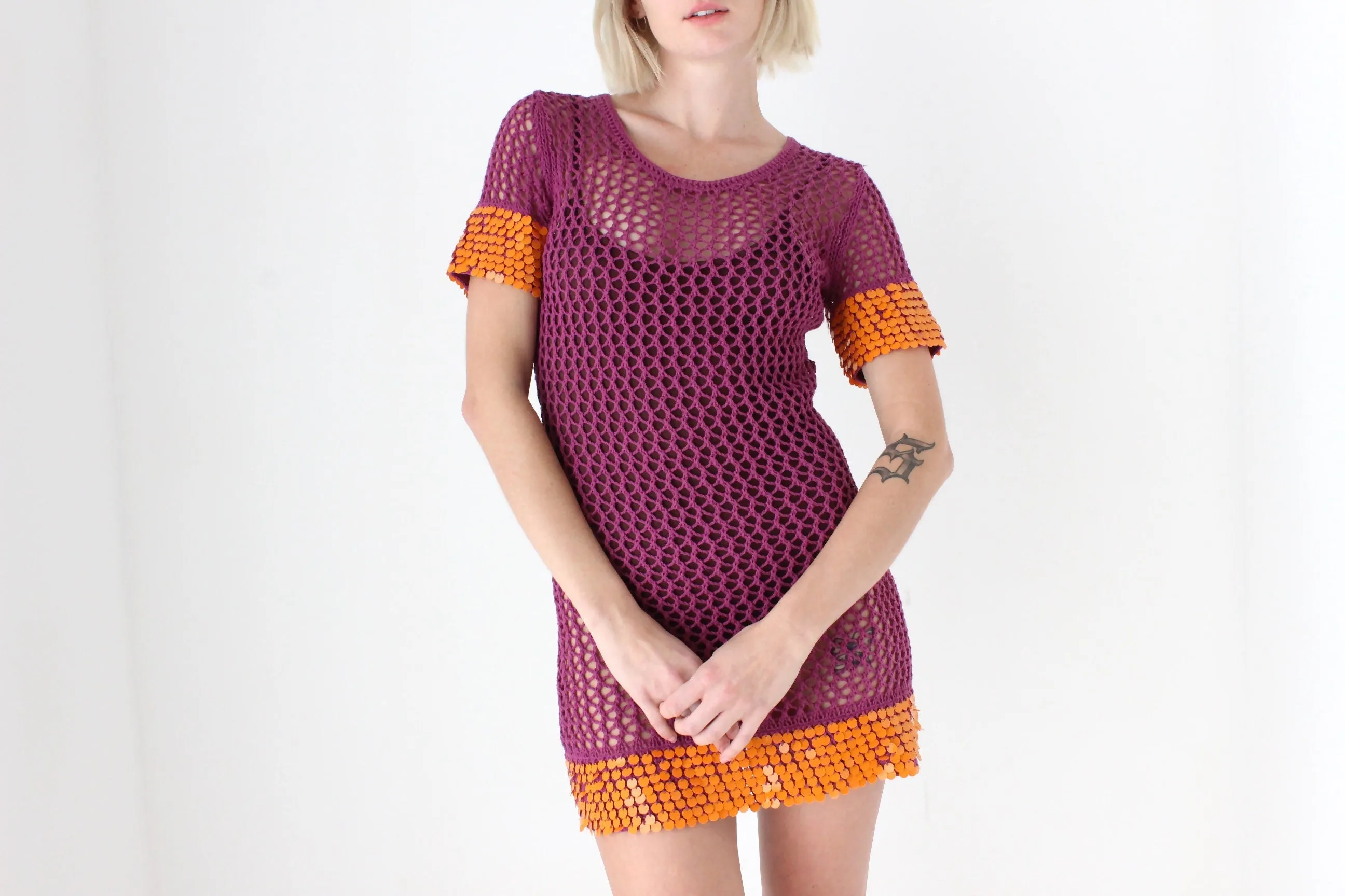 Y2K Sass & Bide Crochet Knit Mini Dress w/ Sequin Trim